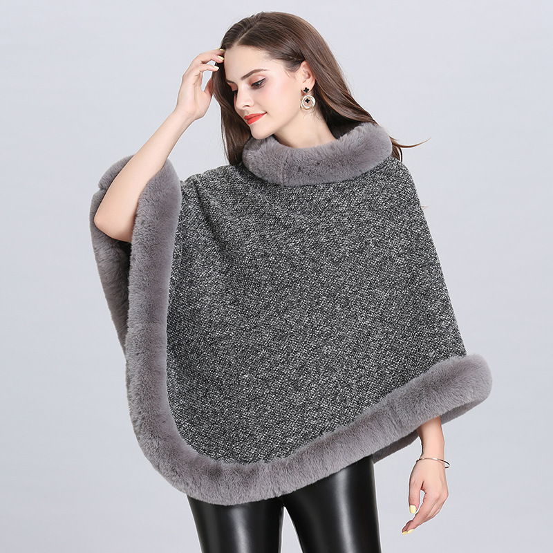 2021 New Imitation Fox Fur Collar Fleece Lined Round Neck Pullover Cape Knitted Cape Shawl Women 1522#