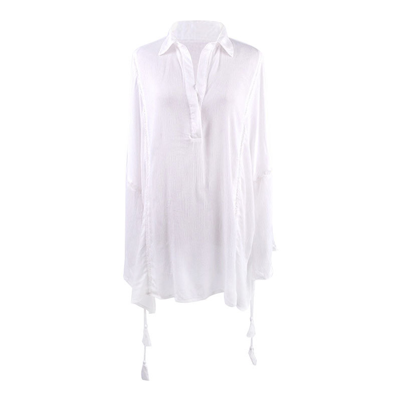 Rayon crinkle vertical stripe lace long sleeve beach sun protection women's loose bikini cover-up