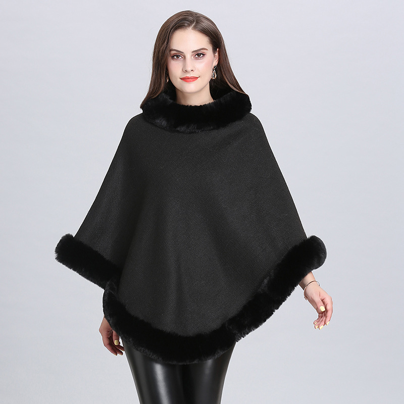 2021 New Imitation Fox Fur Collar Fleece Lined Round Neck Pullover Cape Knitted Cape Shawl Women 1522#