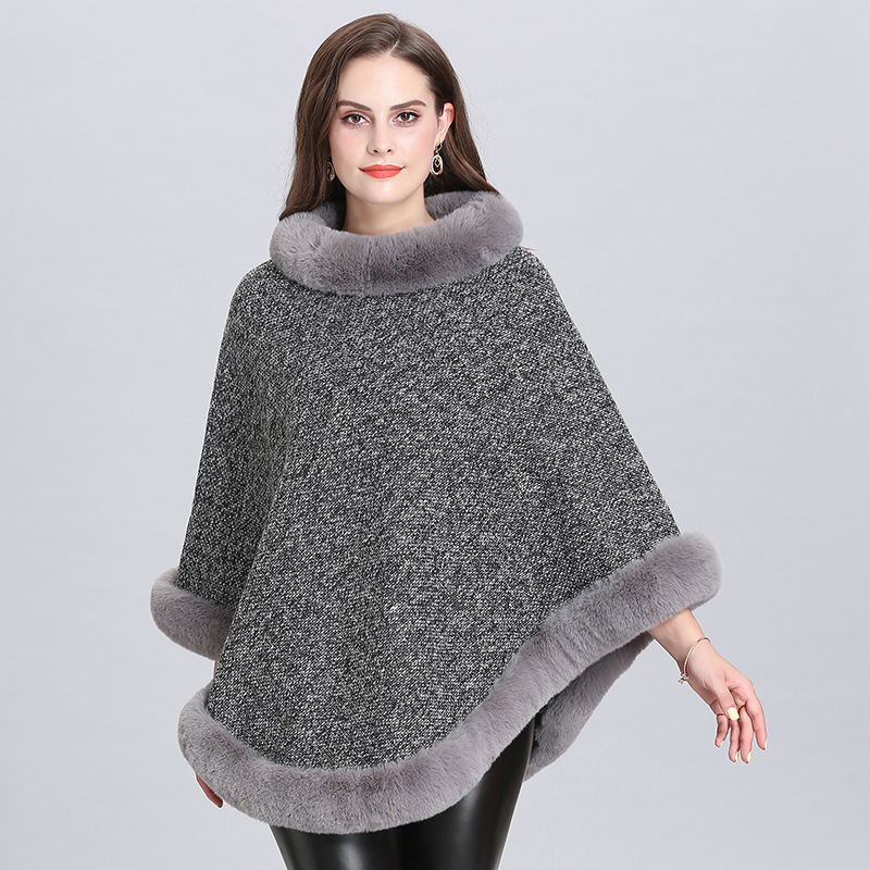 2021 New Imitation Fox Fur Collar Fleece Lined Round Neck Pullover Cape Knitted Cape Shawl Women 1522#