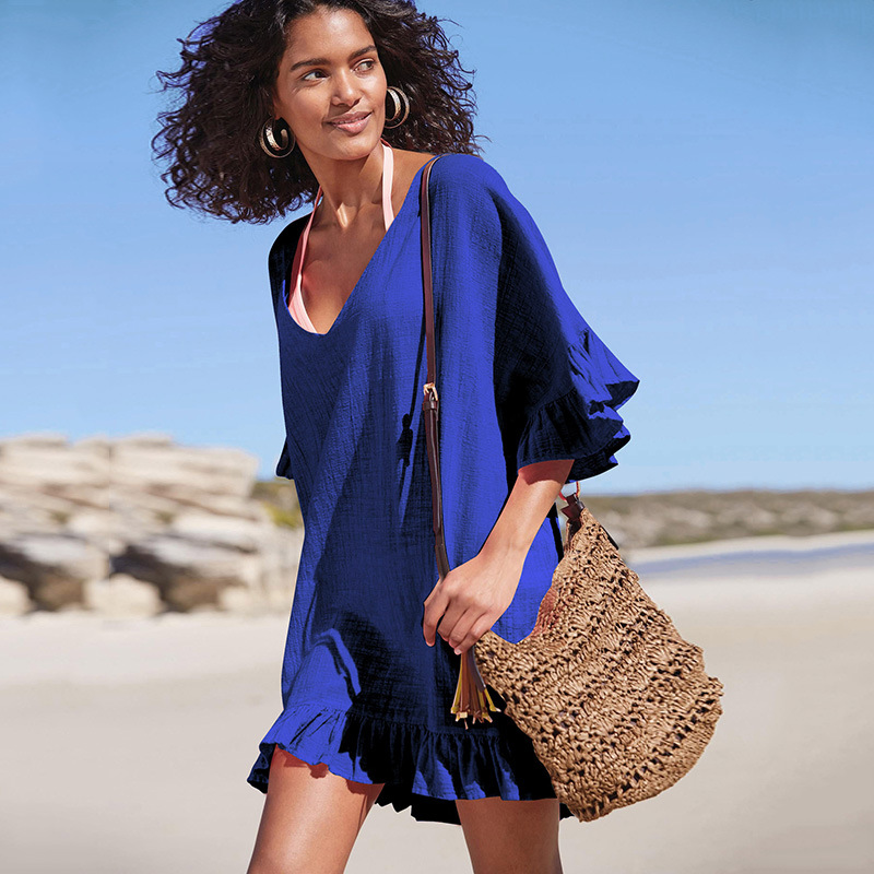 New bamboo cotton V-neck bikini cover-up beach cover-up vacation swimsuit outerwear women's sun protection