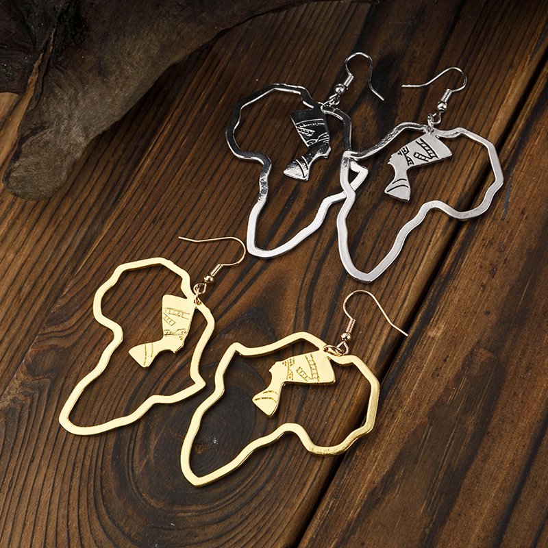 Earrings Gold Egyptian Queen Hollow Portrait Design Earrings African Ethnic Earrings