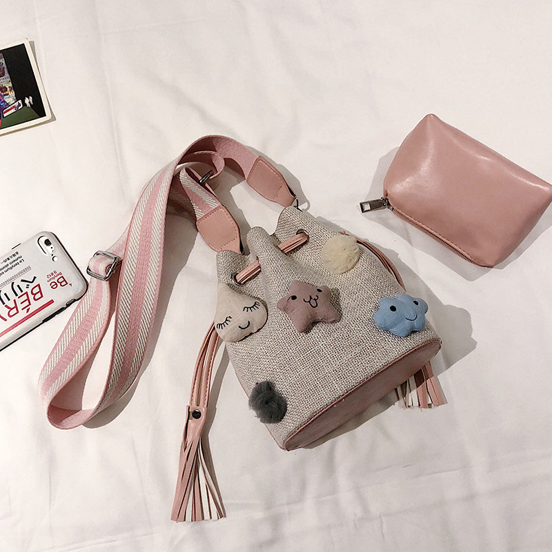 Cartoon Cute Girl Star Plush Linen Paper Straw Bag Drawstring Bucket Mother-Child Bag Two-Piece Set Fresh