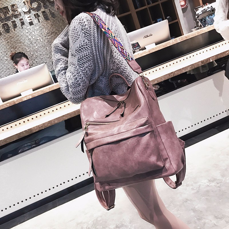 PU soft leather double shoulder bag large capacity college style travel leisure high school large backpack style