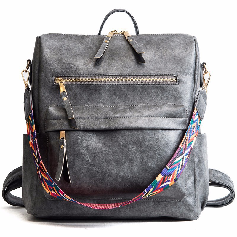 PU soft leather double shoulder bag large capacity college style travel leisure high school large backpack style