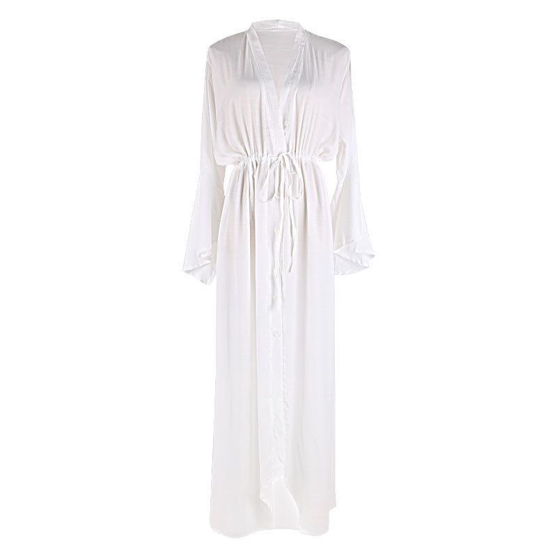 New Slub Cotton Button Flare Sleeve Cardigan Long Sun Protection Jacket Beach Jacket Bikini Outer Swimsuit Cover Up