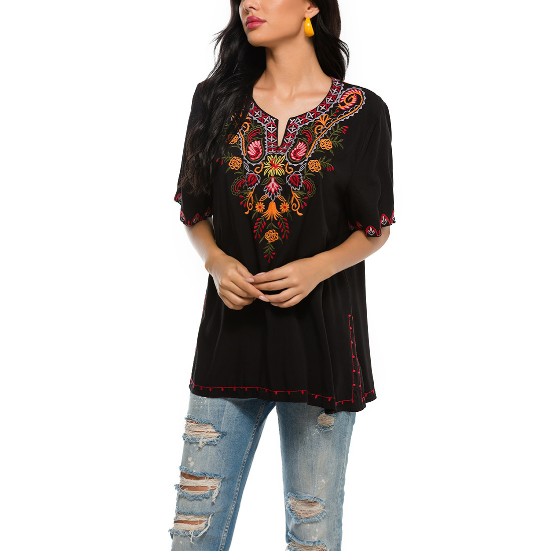 Women's embroidered loose top women's shirt embroidered shirt