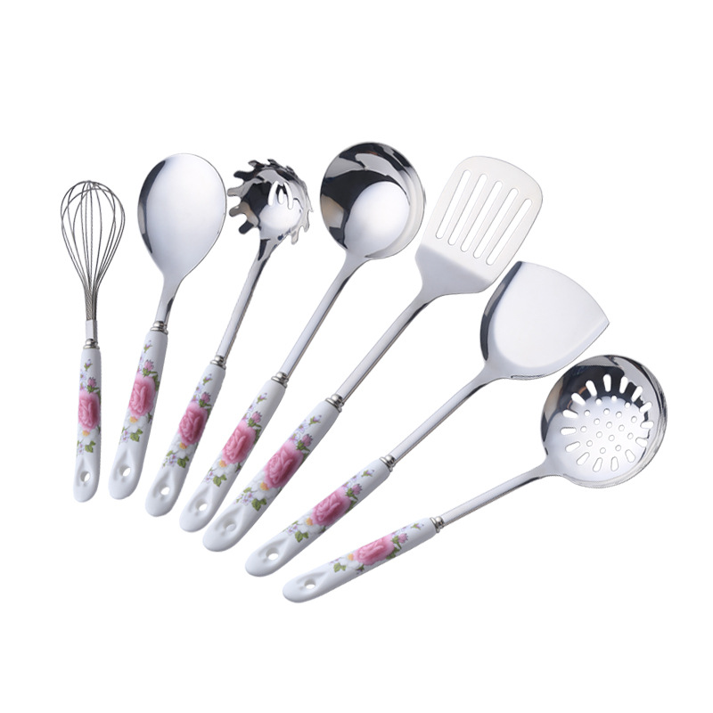 Stainless steel stir-fry spatula, pot spoon, home use, ceramic handle kitchenware set, heat insulation kit, supplies, Jieyang summer use