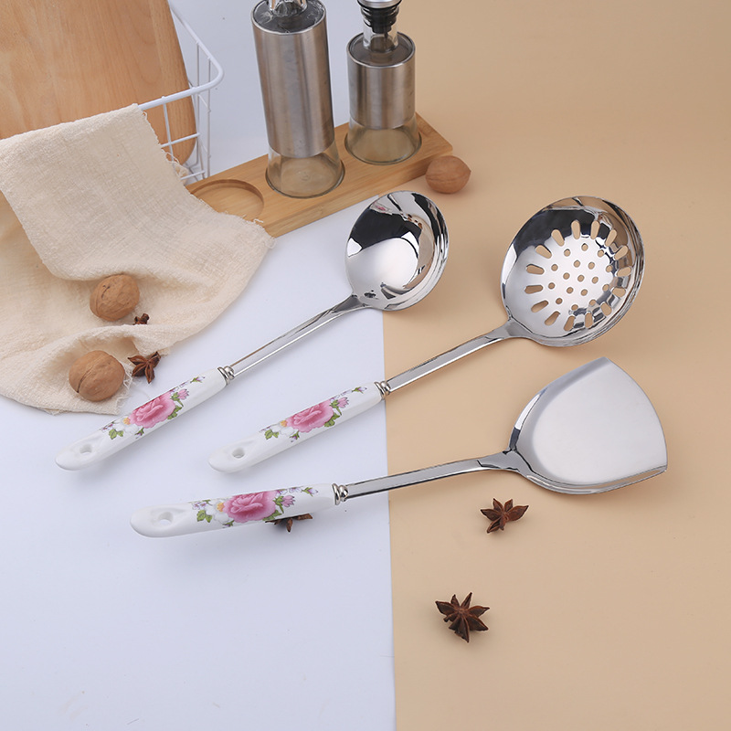 Stainless steel stir-fry spatula, pot spoon, home use, ceramic handle kitchenware set, heat insulation kit, supplies, Jieyang summer use