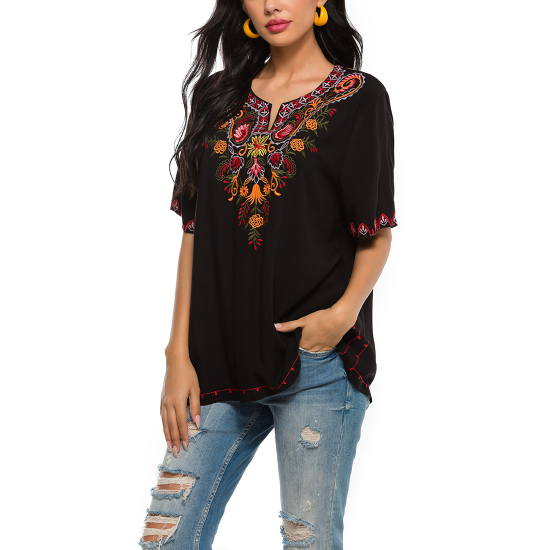 Women's embroidered loose top women's shirt embroidered shirt
