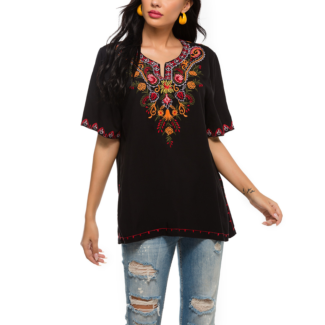 Women's embroidered loose top women's shirt embroidered shirt