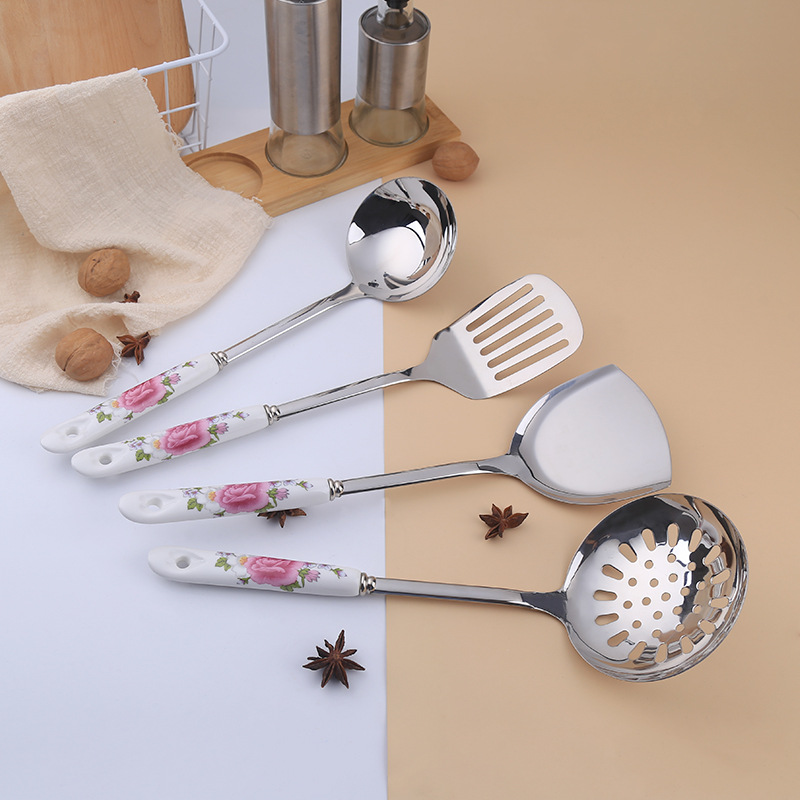 Stainless steel stir-fry spatula, pot spoon, home use, ceramic handle kitchenware set, heat insulation kit, supplies, Jieyang summer use