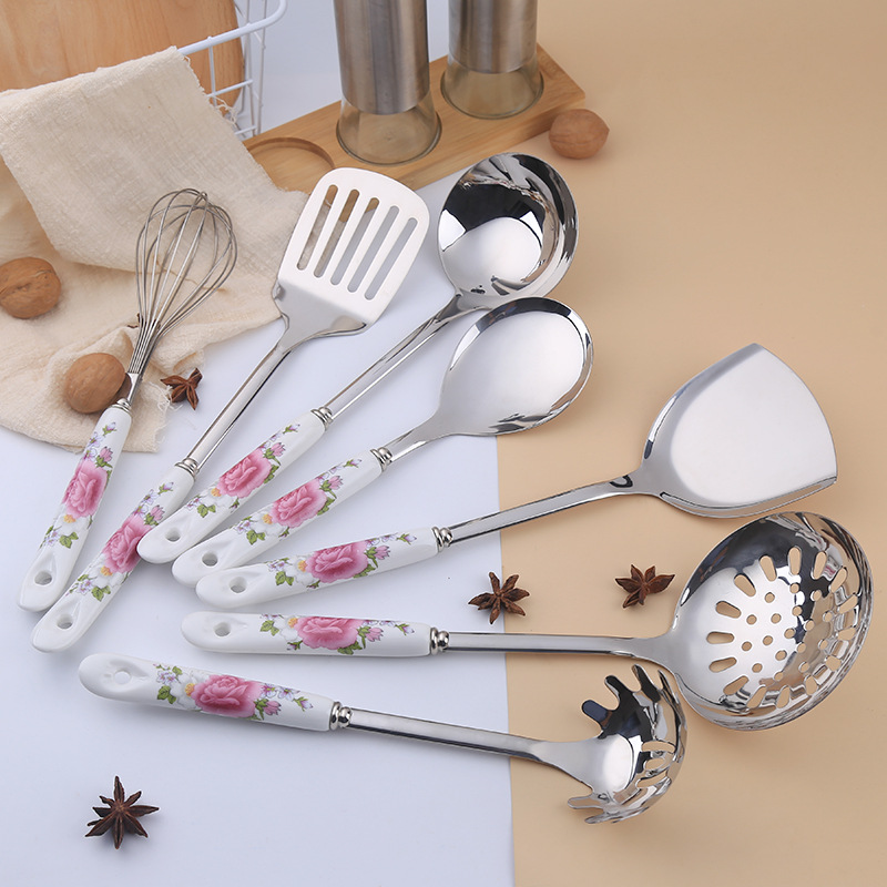Stainless steel stir-fry spatula, pot spoon, home use, ceramic handle kitchenware set, heat insulation kit, supplies, Jieyang summer use