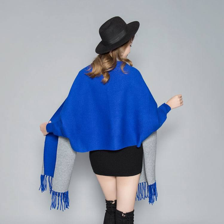 Autumn Winter New Women Double-Sided Shawl Scarf Two-Use Fringe Thickened Long Sleeve Cashmere Blend Cape Coat