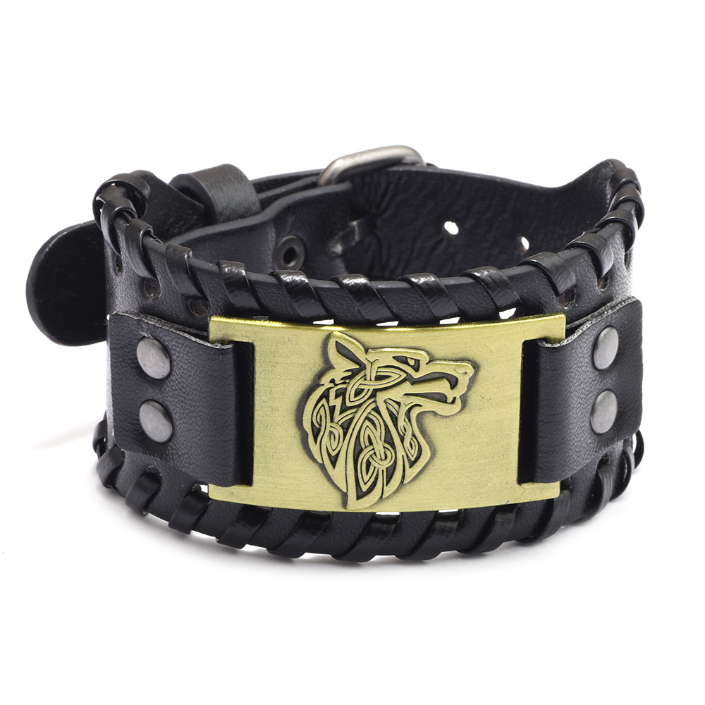 Men's Alloy Wolf Head Accessories Wide Leather Bracelet New Woven Bracelet Cowhide Bracelet