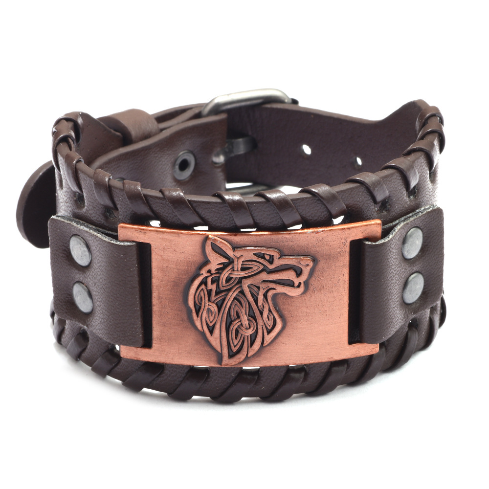 Men's Alloy Wolf Head Accessories Wide Leather Bracelet New Woven Bracelet Cowhide Bracelet
