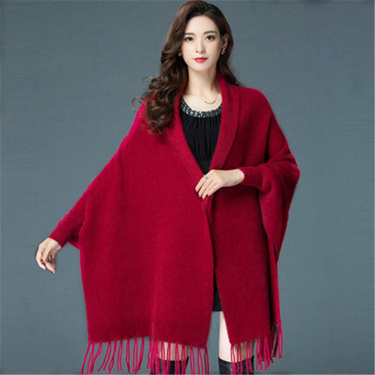 Autumn and winter cape shawl with sleeves for women, solid color faux mink sweater, mid-long cardigan, outerwear for cheongsam, thick cape