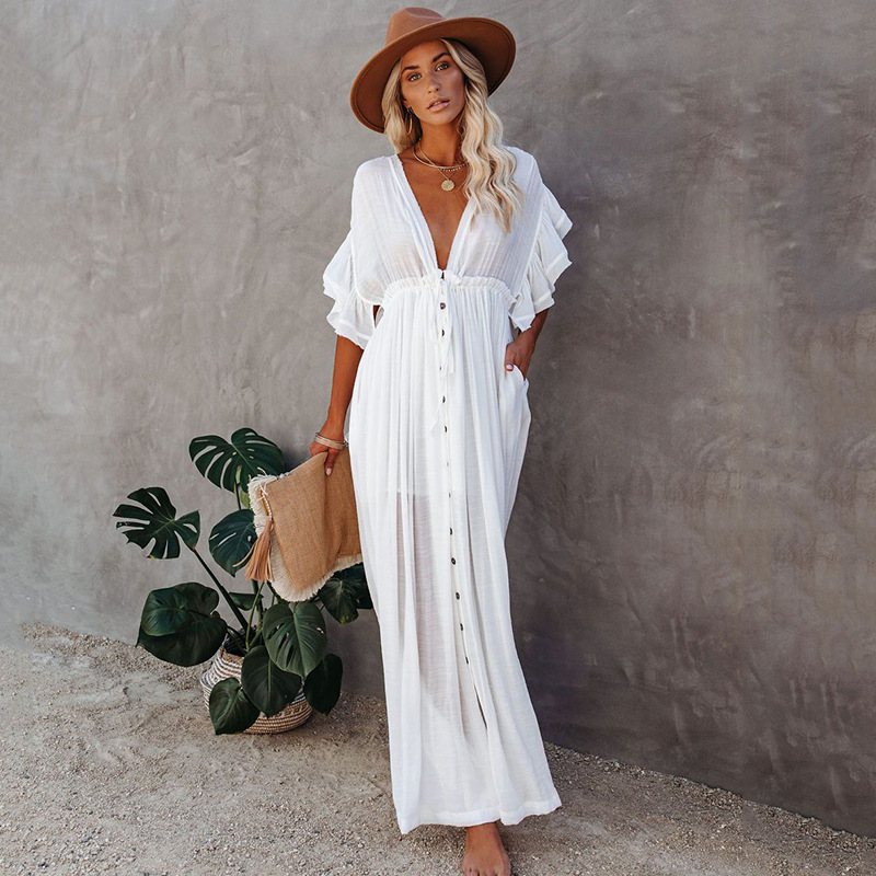 New Slub Cotton Button Waist Rope Long Dress Cardigan Vacation Beach Jacket Sun Protection Long Dress Bikini Cover Up Women