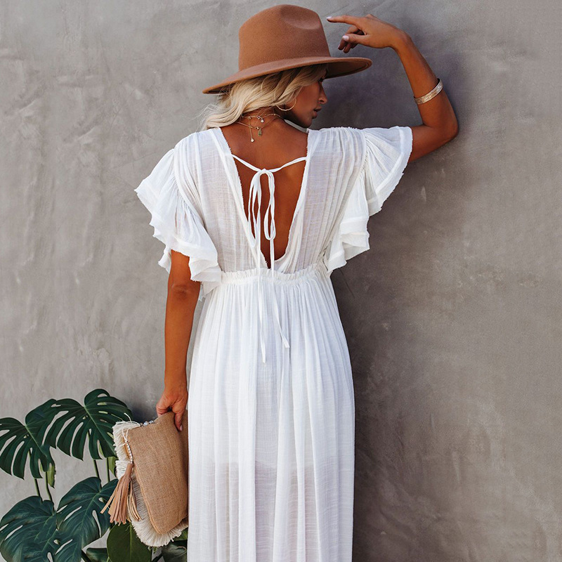 New Slub Cotton Button Waist Rope Long Dress Cardigan Vacation Beach Jacket Sun Protection Long Dress Bikini Cover Up Women