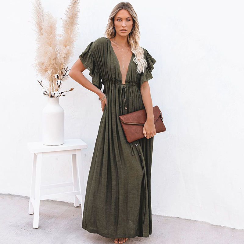 New Slub Cotton Button Waist Rope Long Dress Cardigan Vacation Beach Jacket Sun Protection Long Dress Bikini Cover Up Women