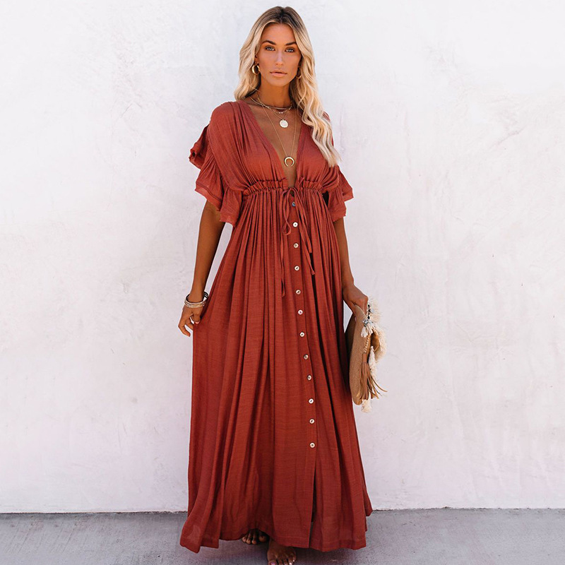 New Slub Cotton Button Waist Rope Long Dress Cardigan Vacation Beach Jacket Sun Protection Long Dress Bikini Cover Up Women