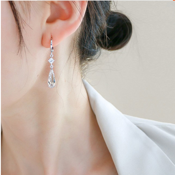 Clear Colorful Zirconia Long Teardrop AAA Zirconia Earrings Fresh Simple Ear Clip Earrings Violet
