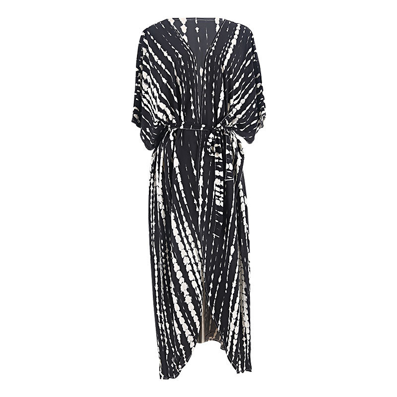 Rayon Black and White Tie Dye Cardigan Beach Dress Bikini Cover Up Swimsuit Outer Cardigan Sun Protection Vacation Dress