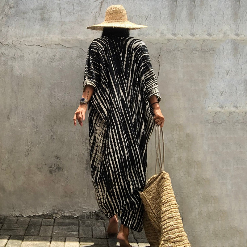 Rayon Black and White Tie Dye Cardigan Beach Dress Bikini Cover Up Swimsuit Outer Cardigan Sun Protection Vacation Dress