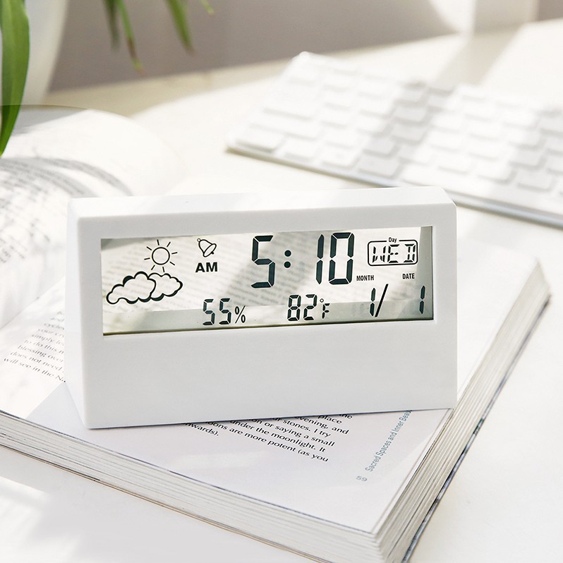Temperature and Humidity Clock, Weather Display, Night Light Small Alarm Clock, Transparent Electronic Alarm Clock