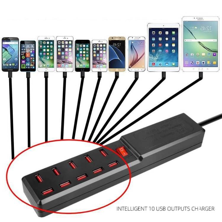 UK Plug Phone Smart Recognition 10 Charger Multi-Port USB Power Supply