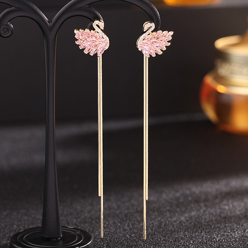Korean-Japanese Two-Way Wear Tassel Swan Earrings 2024 New Black Swan Earrings 925 Silver Needle Long Earrings