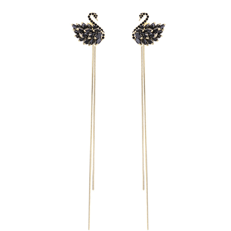 Korean-Japanese Two-Way Wear Tassel Swan Earrings 2024 New Black Swan Earrings 925 Silver Needle Long Earrings