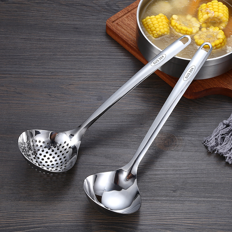 304 Stainless Steel Hot Pot Spoon Slotted Spoon Heart-Shaped Soup Spoon Long Handle Thickened Deep Soup Spoon Soup Strainer Kitchen Utensils