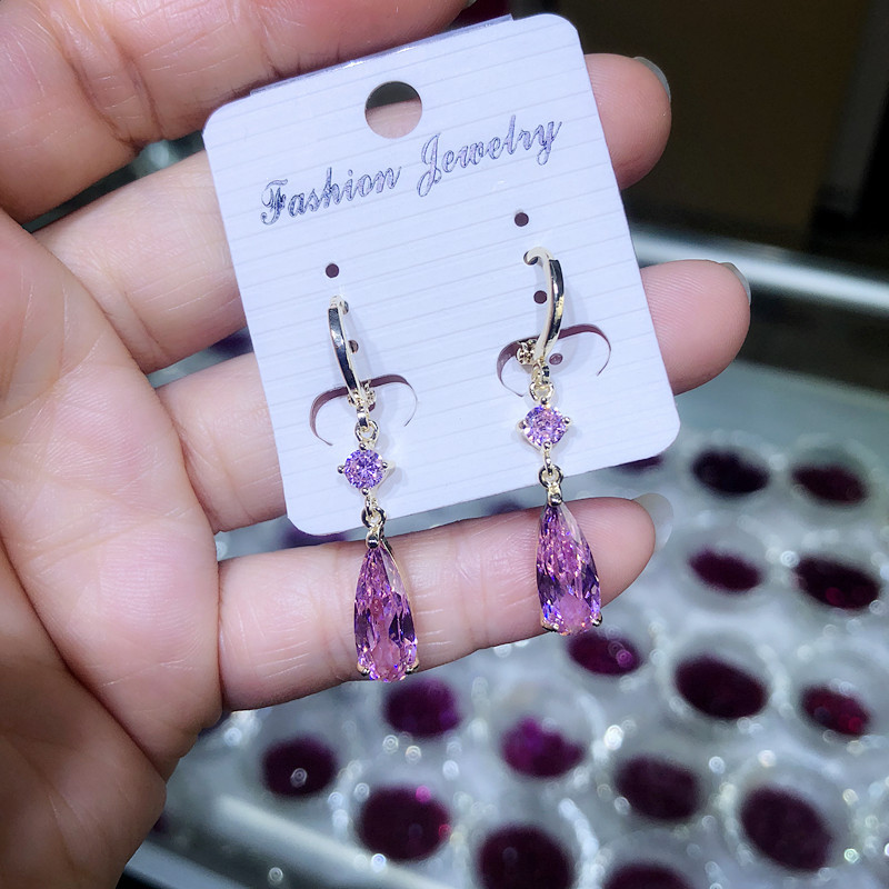 Clear Colorful Zirconia Long Teardrop AAA Zirconia Earrings Fresh Simple Ear Clip Earrings Violet