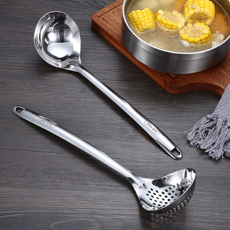 304 Stainless Steel Hot Pot Spoon Slotted Spoon Heart-Shaped Soup Spoon Long Handle Thickened Deep Soup Spoon Soup Strainer Kitchen Utensils