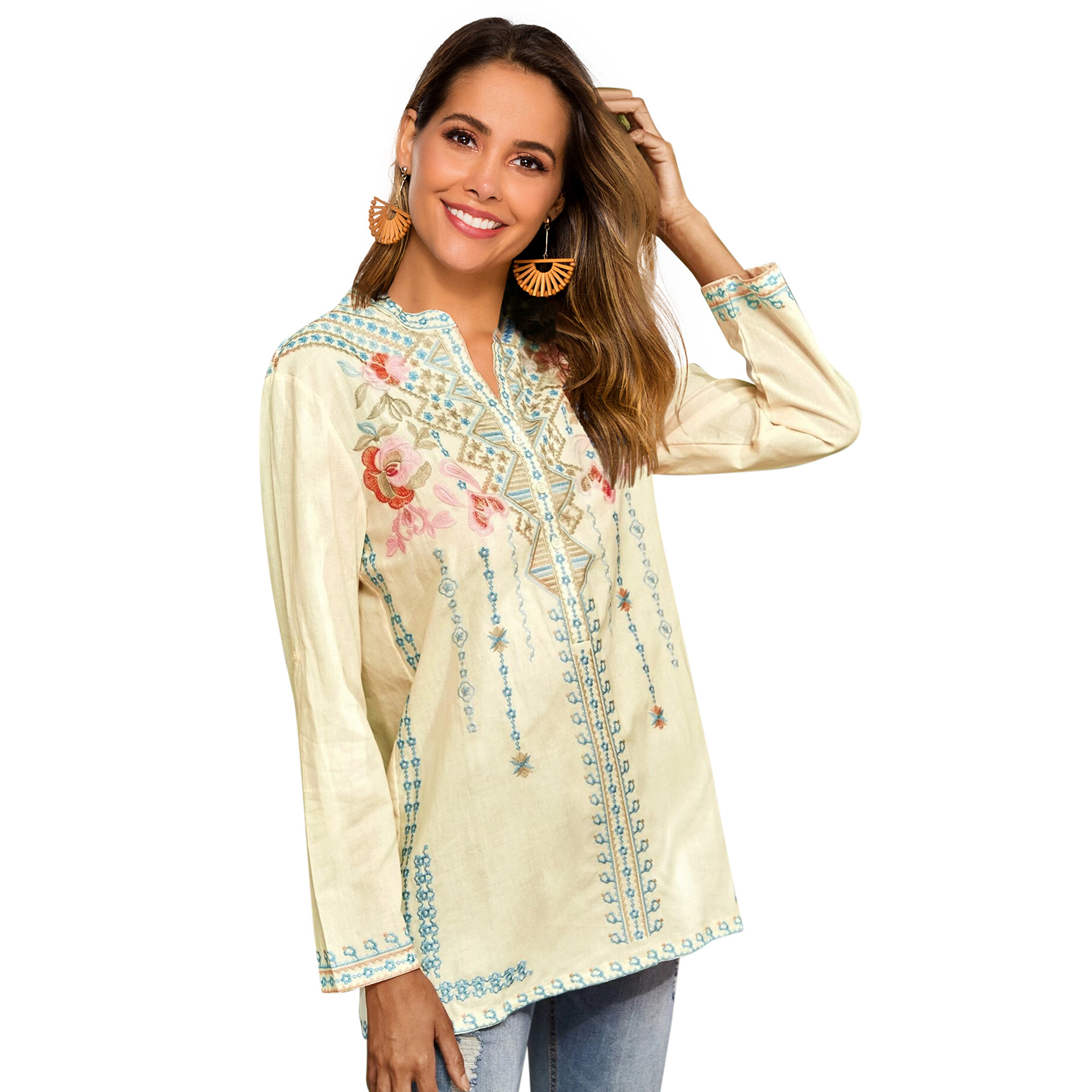 2023 women's long sleeve shirt embroidered overseas mid-length stand collar shirt