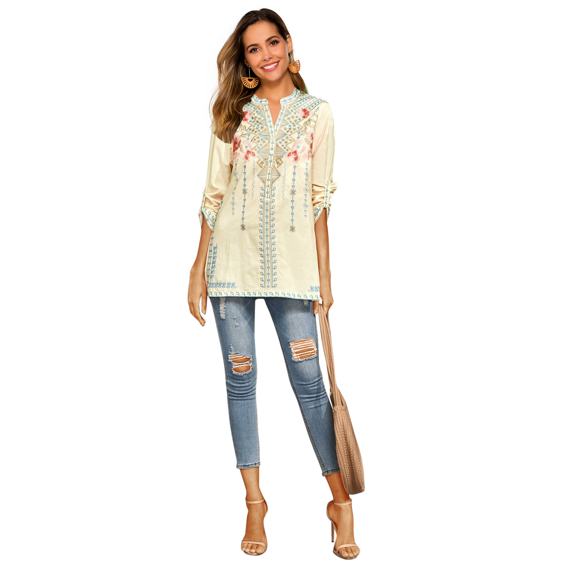 2023 women's long sleeve shirt embroidered overseas mid-length stand collar shirt