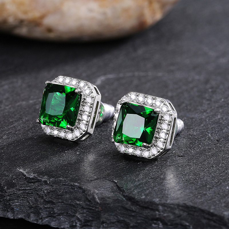Cao Shi Delicate Square Women's Earrings Full Diamond Green Zircon Earring Jewelry