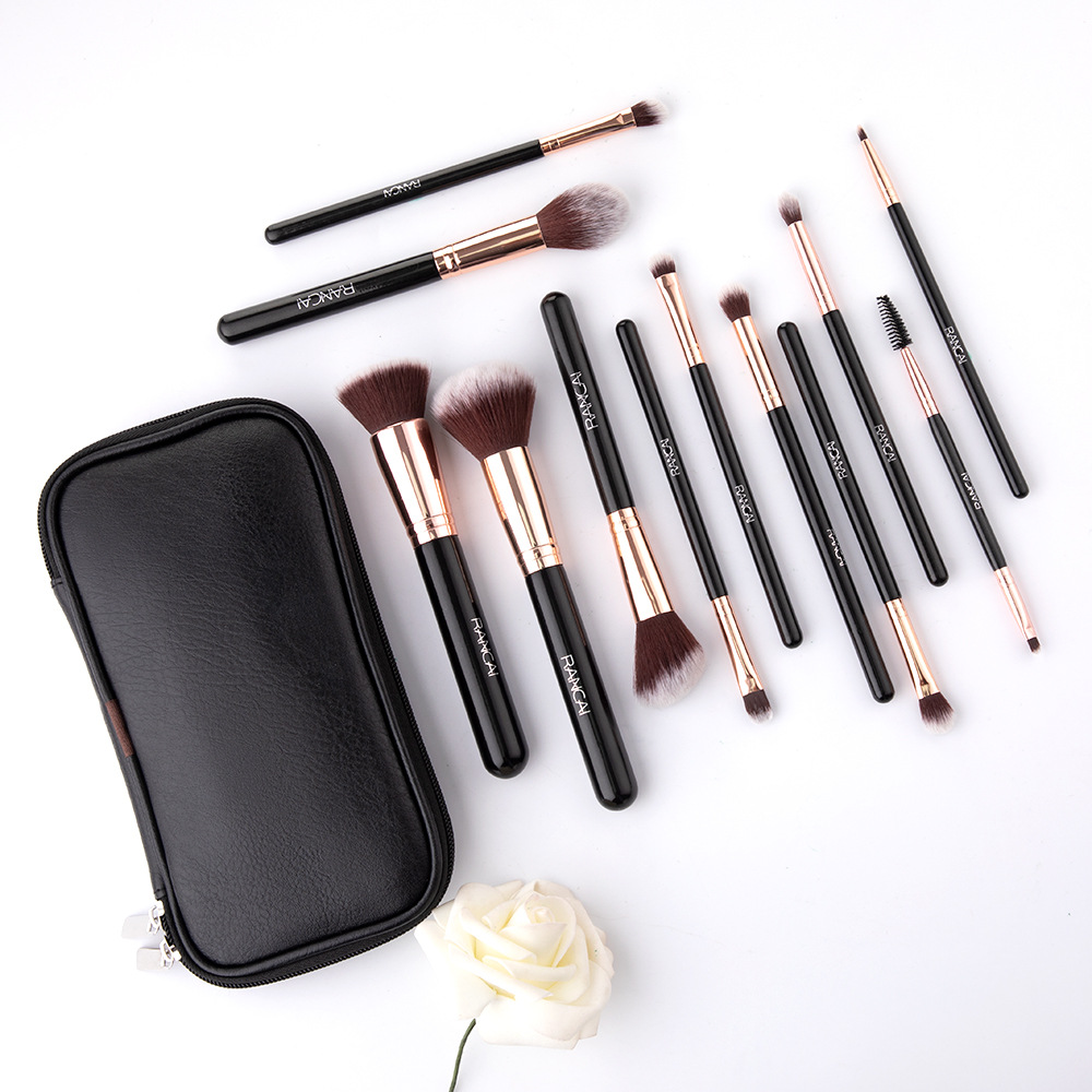 12 Pieces Black PU Zipper Bag Makeup Brush Set Soft Loose Powder Foundation Brush Eyeshadow Brush Makeup Tool