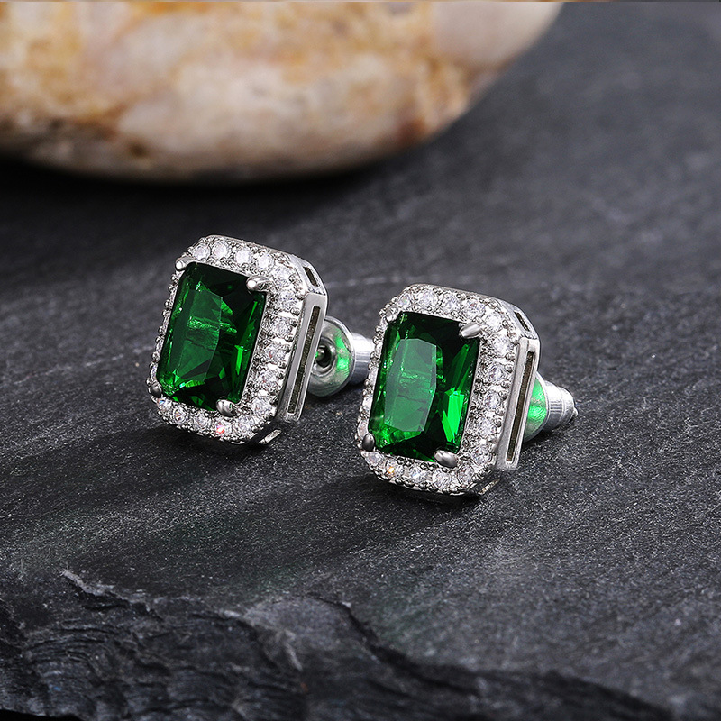 Cao Shi Delicate Square Women's Earrings Full Diamond Green Zircon Earring Jewelry