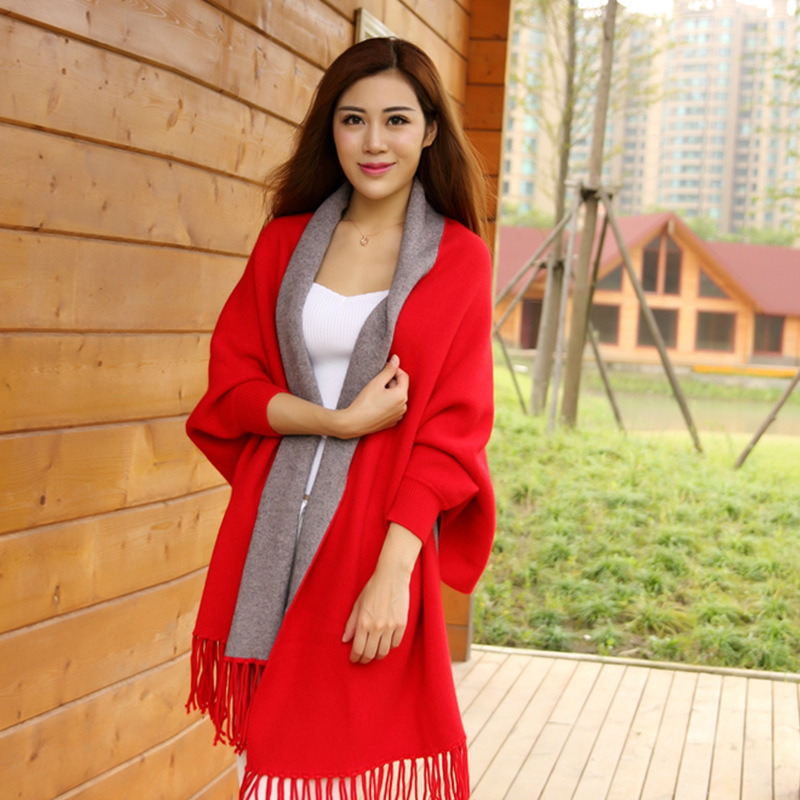 Autumn Winter New Women Double-Sided Shawl Scarf Two-Use Fringe Thickened Long Sleeve Cashmere Blend Cape Coat