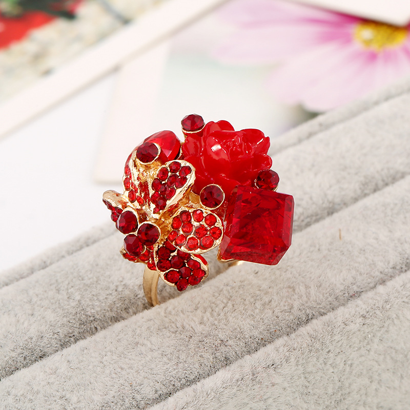 Accessories colorful crystal gemstone open ring resin flower finger ring