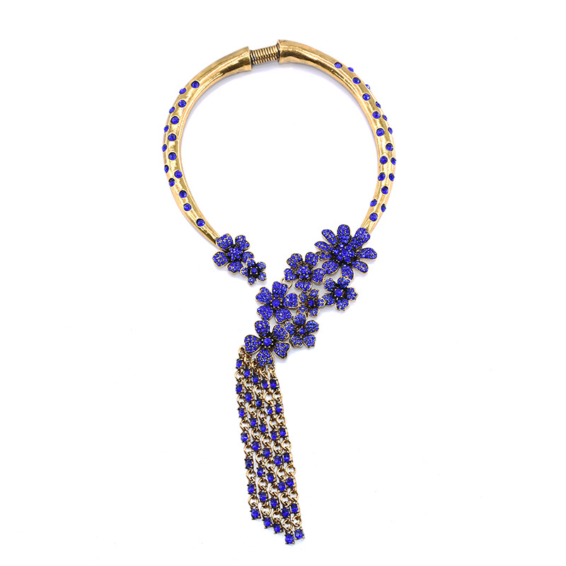 Big brand exaggerated jewelry luxury full diamond flower necklace tassel fake collar banquet accessories