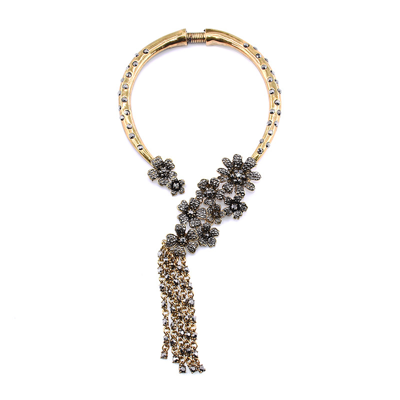Big brand exaggerated jewelry luxury full diamond flower necklace tassel fake collar banquet accessories
