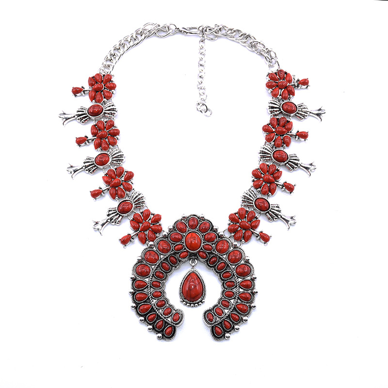 Big brand Bohemian style turquoise flower pendant alloy necklace eaby