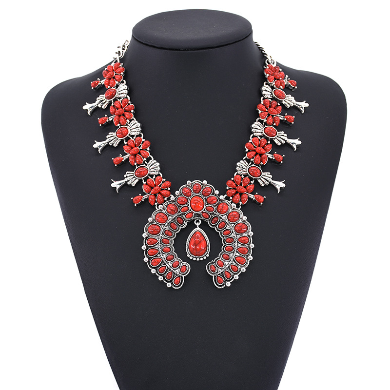 Big brand Bohemian style turquoise flower pendant alloy necklace eaby