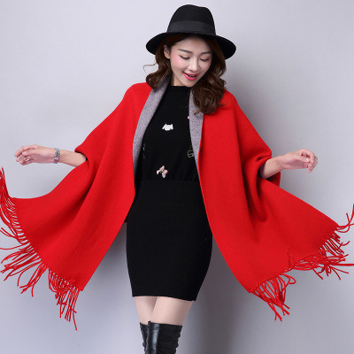 Autumn Winter New Women Double-Sided Shawl Scarf Two-Use Fringe Thickened Long Sleeve Cashmere Blend Cape Coat
