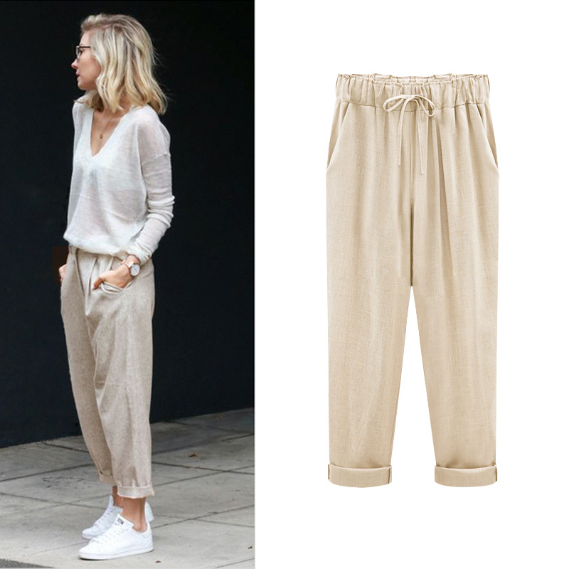 Summer tencel linen pants women imitation cotton linen nine-tenths pants plus elastic waist plus size 300 jin loose thin women pants