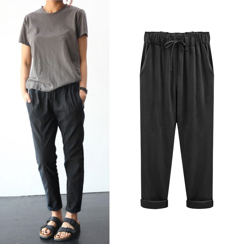 Summer tencel linen pants women imitation cotton linen nine-tenths pants plus elastic waist plus size 300 jin loose thin women pants