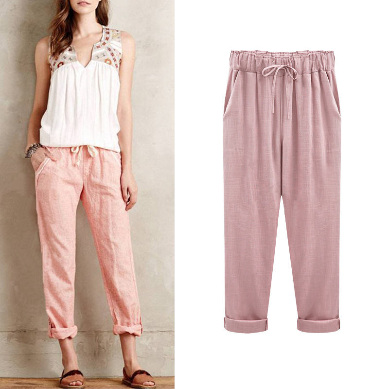Summer tencel linen pants women imitation cotton linen nine-tenths pants plus elastic waist plus size 300 jin loose thin women pants
